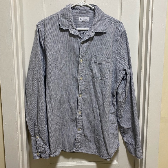 Gap - Men’s Linen Blend Button Down Shirt - Size Larger - Black & White Strip - Picture 4 of 5